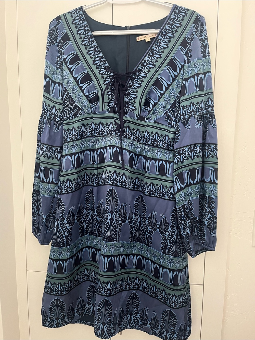 Nanette Lepore Blue and Green Patterned Long Sleeve Dress